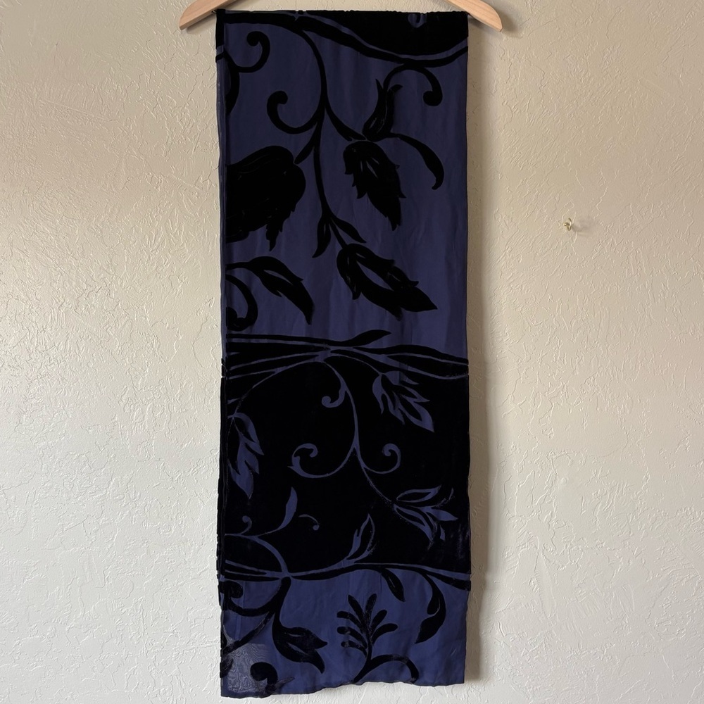 Silk Blend Burnout Velvet Scarf Navy Blue Floral 14x74 Elegant Lightweight